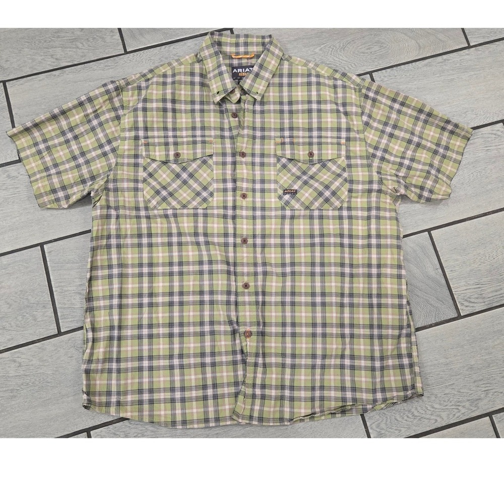 Ariat Rebar Mens XL Green Plaid Short Sleeve Button Down Work Shirt Built Last